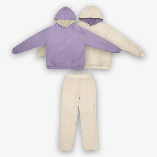 (Set) Reversible Double Layer Multiseam Hoodie + Multiseam Trousers - Lavender/Cream